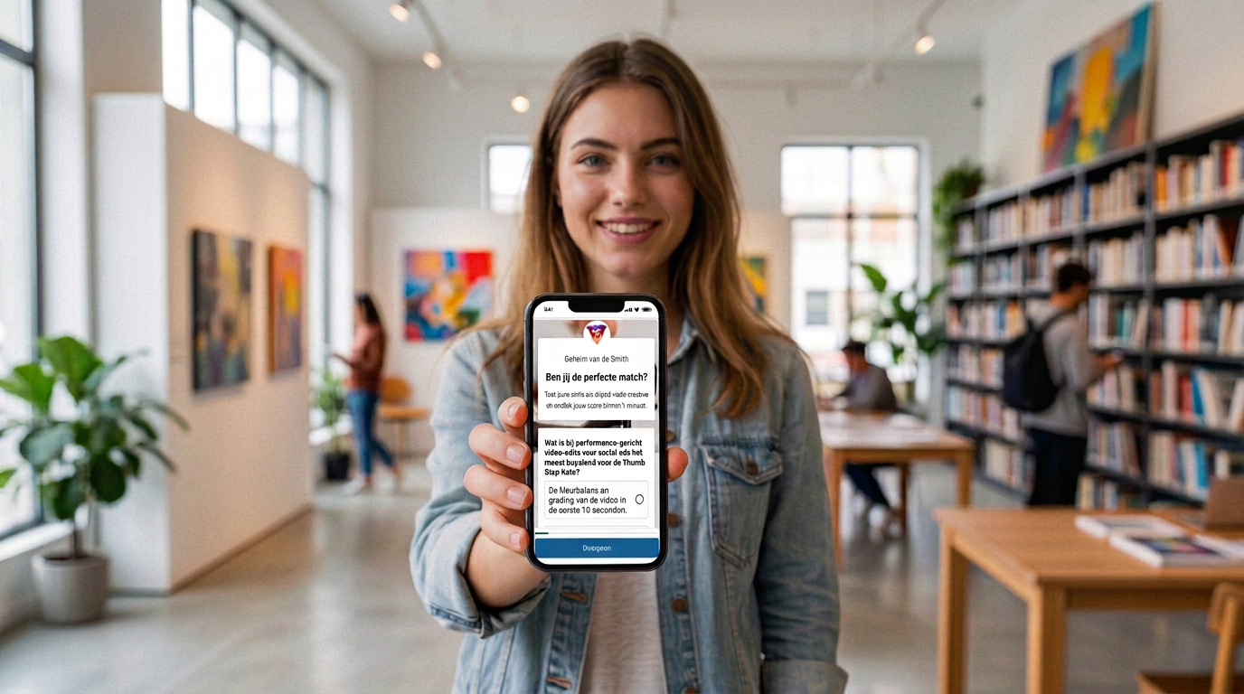 Jonge vrouw laat haar telefoon zien met daarop een wervingsquiz met korte vragen
