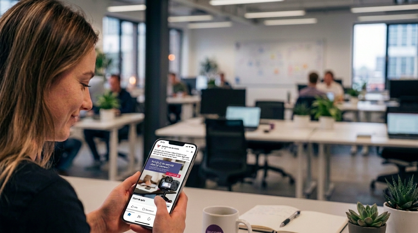 Vrouw scrollt op haar telefoon door een social feed met daarop een wervingsadvertentie met quiz