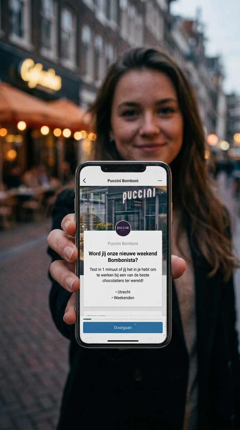 Kandidaat bekijkt een social wervingscampagne met quiz op haar telefoon