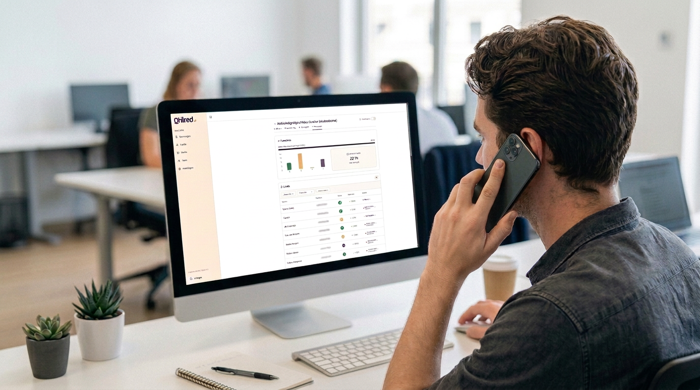 Ondernemer bekijkt op zijn laptop het QHired-dashboard met leads terwijl hij telefoneert
